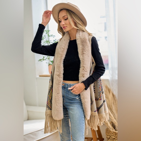 Jackets & Blazers - 999. 🛑AT COST! Aztec tribal bohemian faux fur fringe vest tan multicolor duster